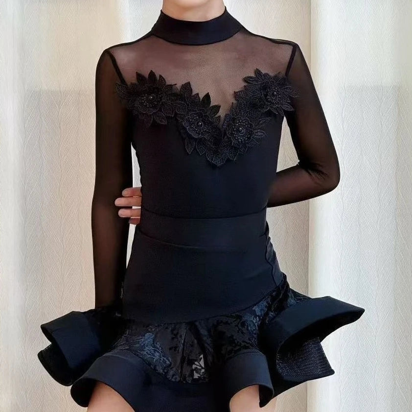 Black Latin Dance Dress for Girls High-neck Long-sleeved Dancewear Child Cha-cha National Standard Swing Dance Training Costume