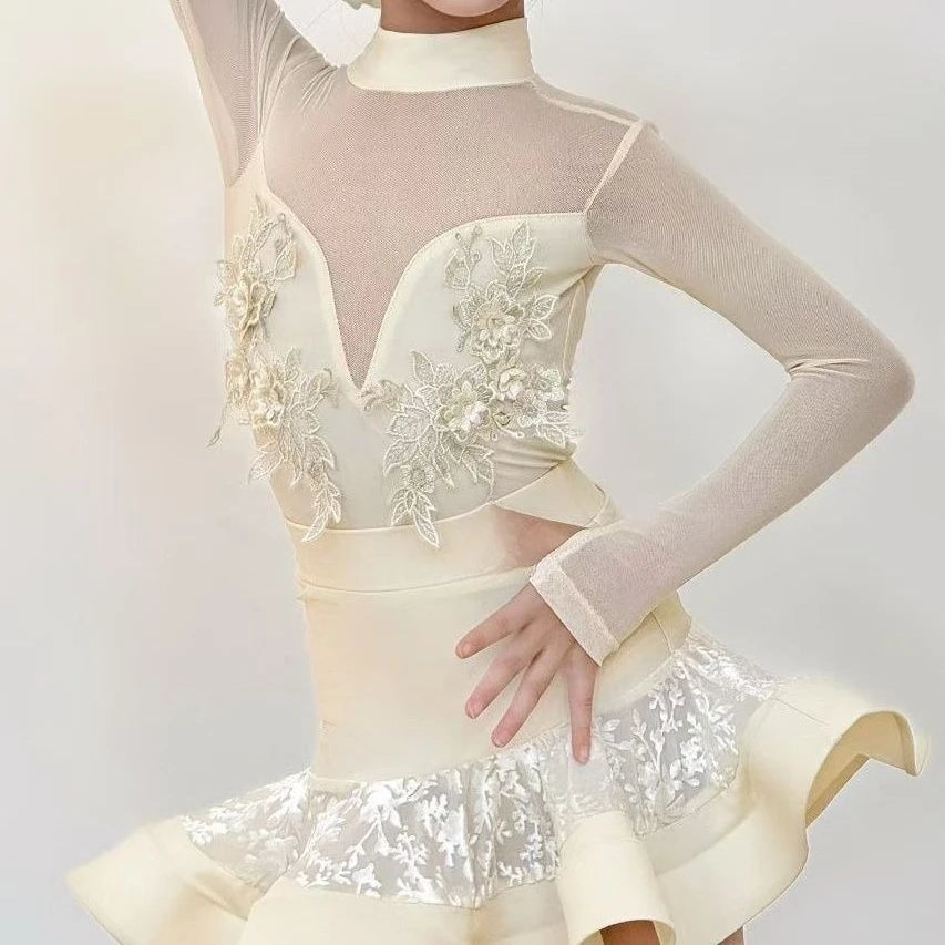 Black Latin Dance Dress for Girls High-neck Long-sleeved Dancewear Child Cha-cha National Standard Swing Dance Training Costume