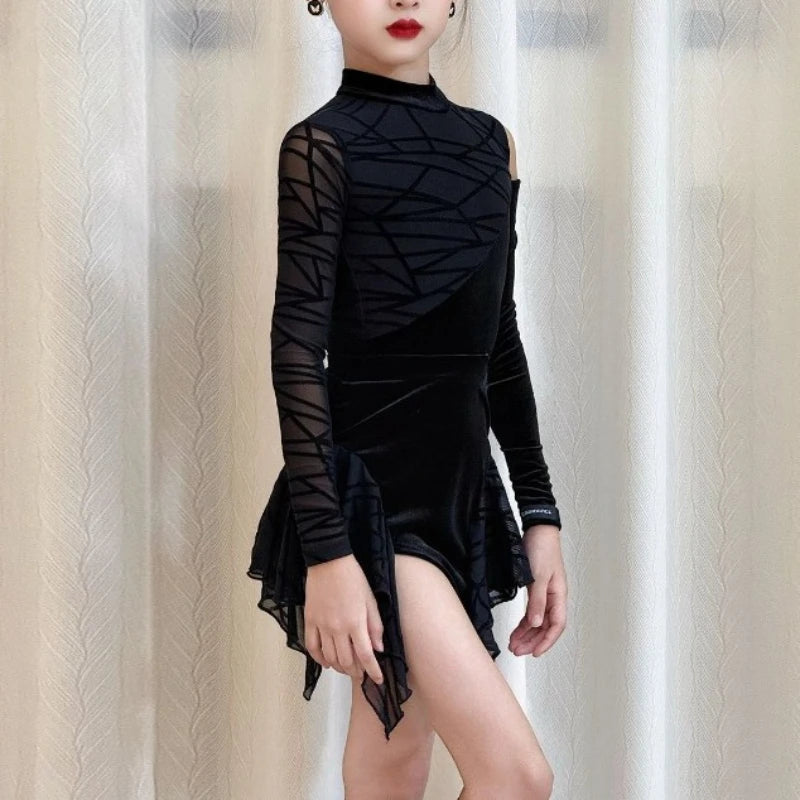 Black Long-sleeved Latin Dance Dress Set for Girls New Cutouted Children Cha-cha Samba Cowboy Dance Training Performance Costume