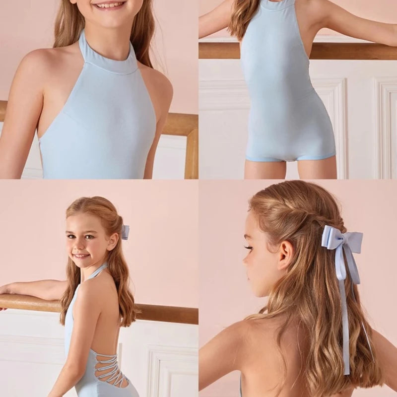 Child High Neck Sleevless Latin Dance Bodysuit for Grils Blue Sexy Backless Latino Performance Top Cha Cha Samba Rumba Dancewear