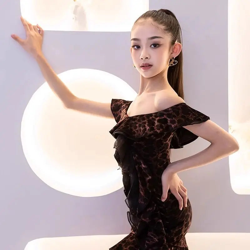 Child Latin Dance Costumes for Girls Leopard Print Latin American Off-the-shoulder Dresses Practice Set Stage Performance Suit