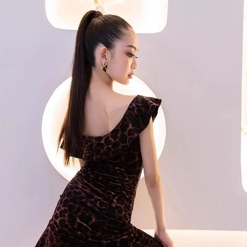 Child Latin Dance Costumes for Girls Leopard Print Latin American Off-the-shoulder Dresses Practice Set Stage Performance Suit