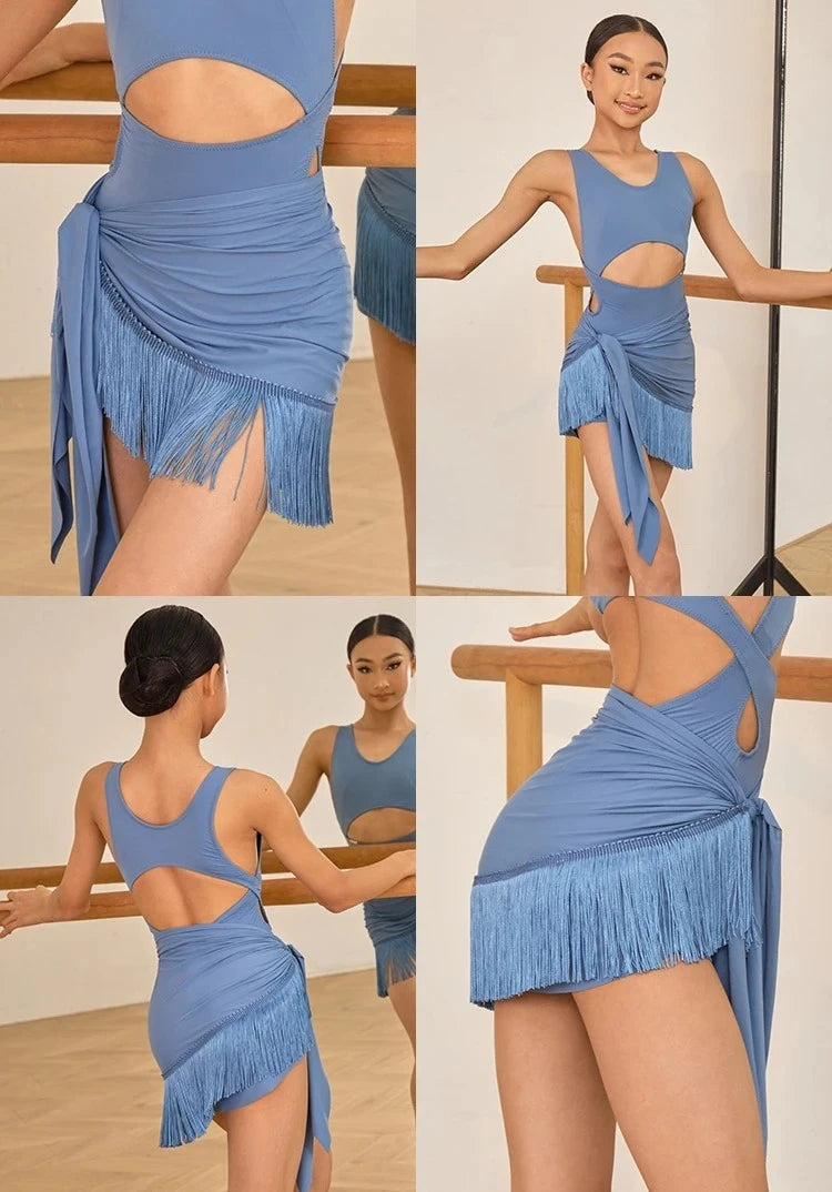 Child Latin Dance Dress Costume for Girls Hollow Out Tops Fringe Skirt Suit Samba Rumba Practice Performance Dancewear Clothing