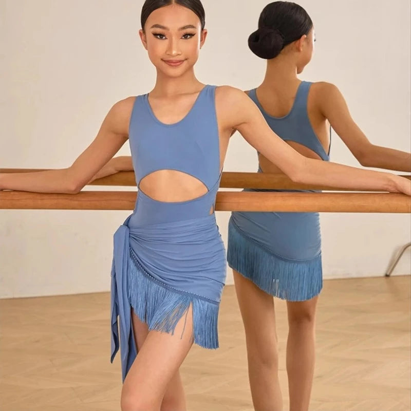 Child Latin Dance Dress Costume for Girls Hollow Out Tops Fringe Skirt Suit Samba Rumba Practice Performance Dancewear Clothing