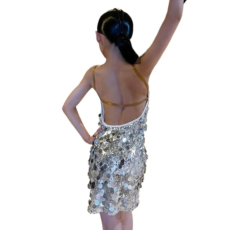 Child Latin Dance Dress Silver Suspender Backless Sequin Skirt Design for Girls Tango Cha Cha Samba Rumba Training Performance