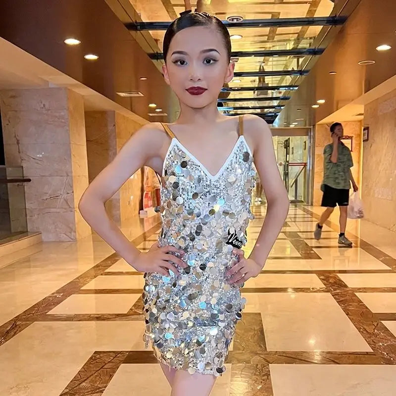 Child Latin Dance Dress Silver Suspender Backless Sequin Skirt Design for Girls Tango Cha Cha Samba Rumba Training Performance