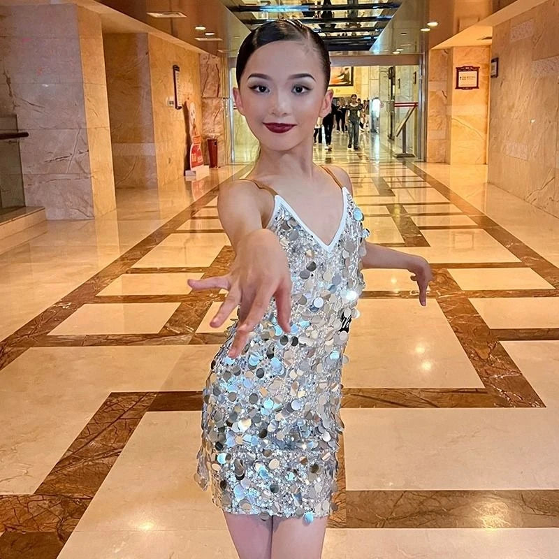 Child Latin Dance Dress Silver Suspender Backless Sequin Skirt Design for Girls Tango Cha Cha Samba Rumba Training Performance