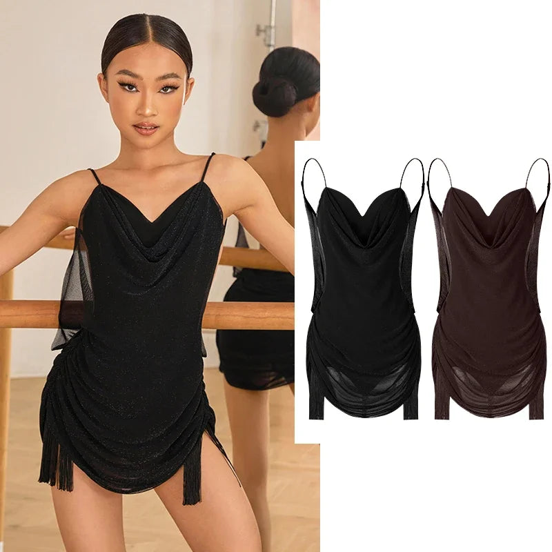 Child Latin Dance Dress for Girls Backless Dance Clothes Cha Cha Rumba Fringe Dress Black Practice Clothing Competition Dress