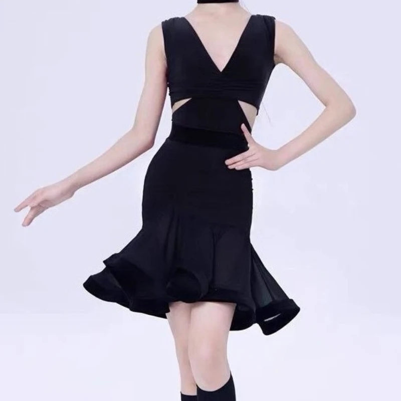 Child Latin Dance Dress for Girls Black Sleeveless Skirt Profession Cha-cha Samba Rumba Training 2025 Summer Performance Dress