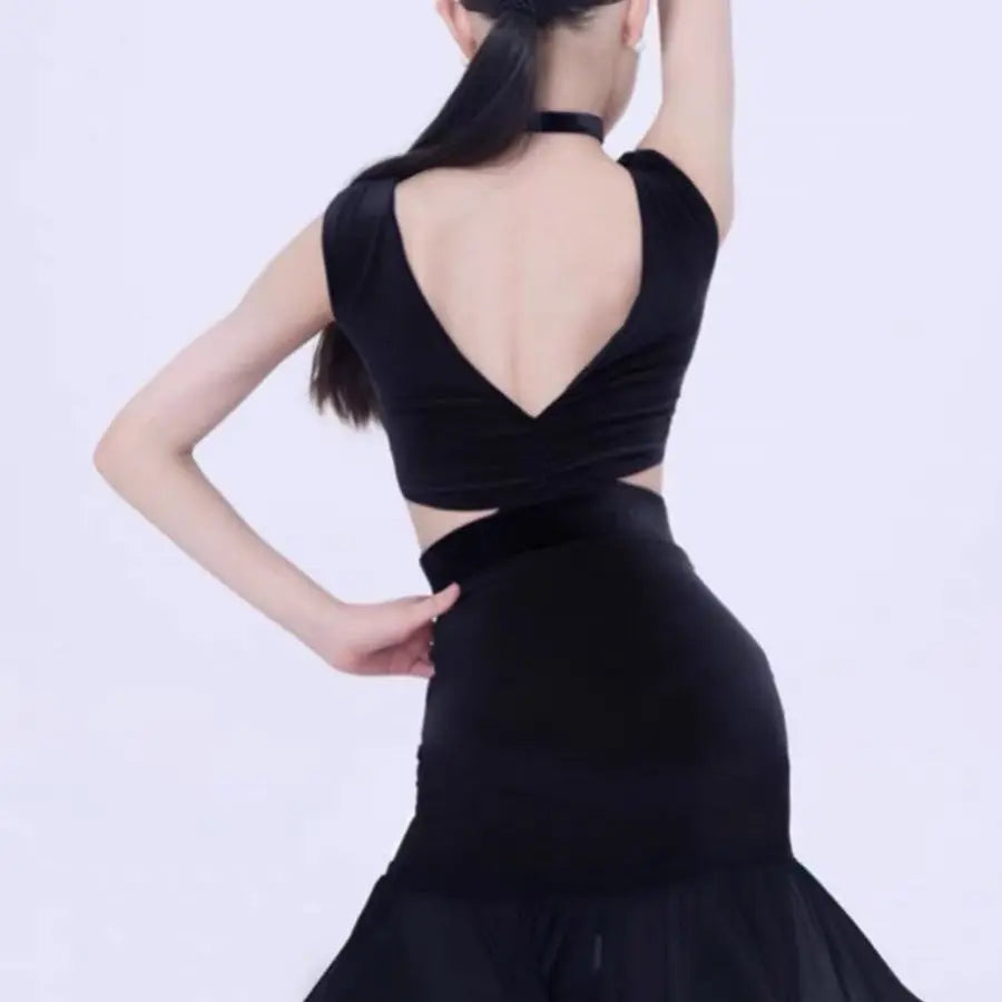 Child Latin Dance Dress for Girls Black Sleeveless Skirt Profession Cha-cha Samba Rumba Training 2025 Summer Performance Dress