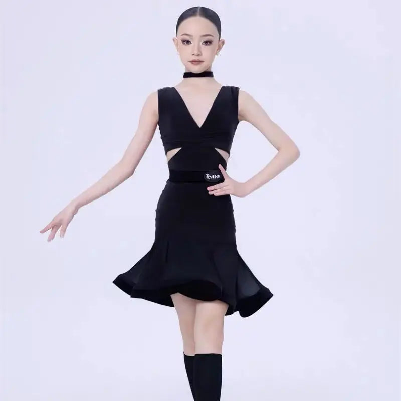 Child Latin Dance Dress for Girls Black Sleeveless Skirt Profession Cha-cha Samba Rumba Training 2025 Summer Performance Dress