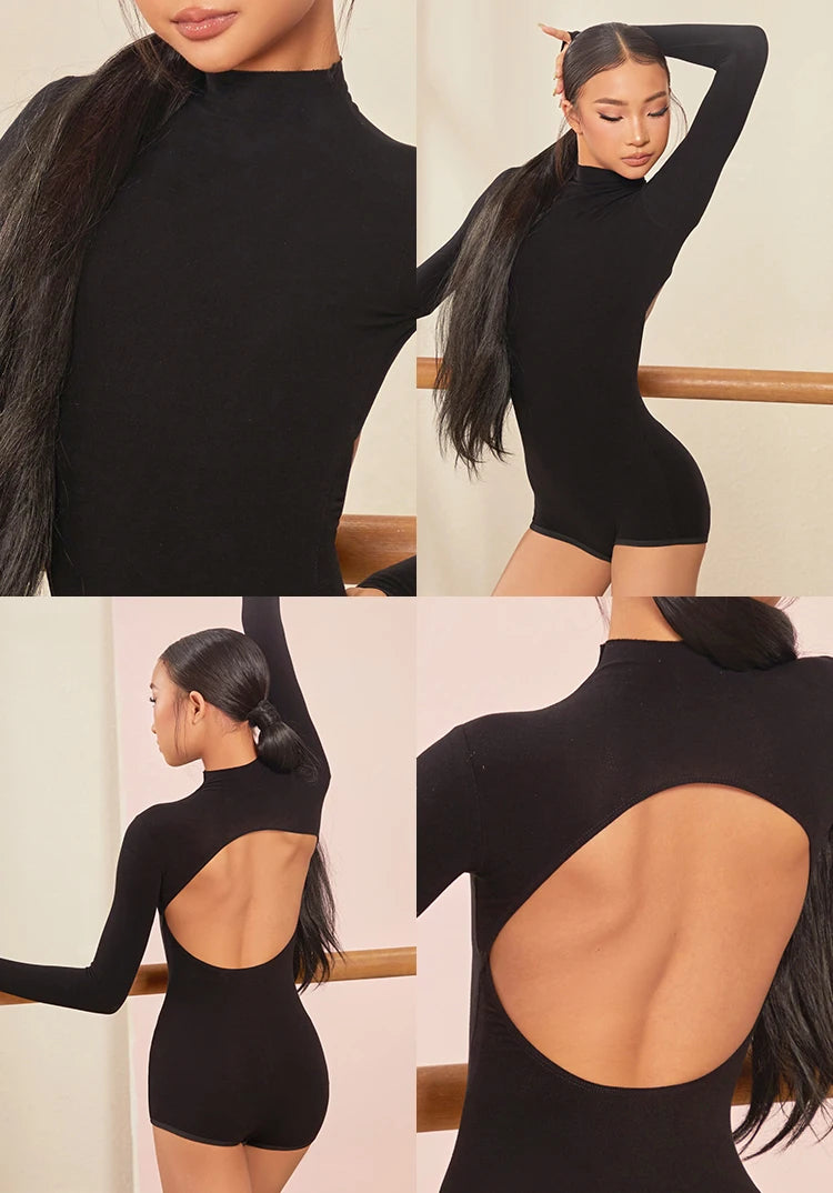 Child Latin Dance Leotard for Grils Black Long-sleeved High-neck Backless Top Cha-cha Samba Dance Training Performance Costume