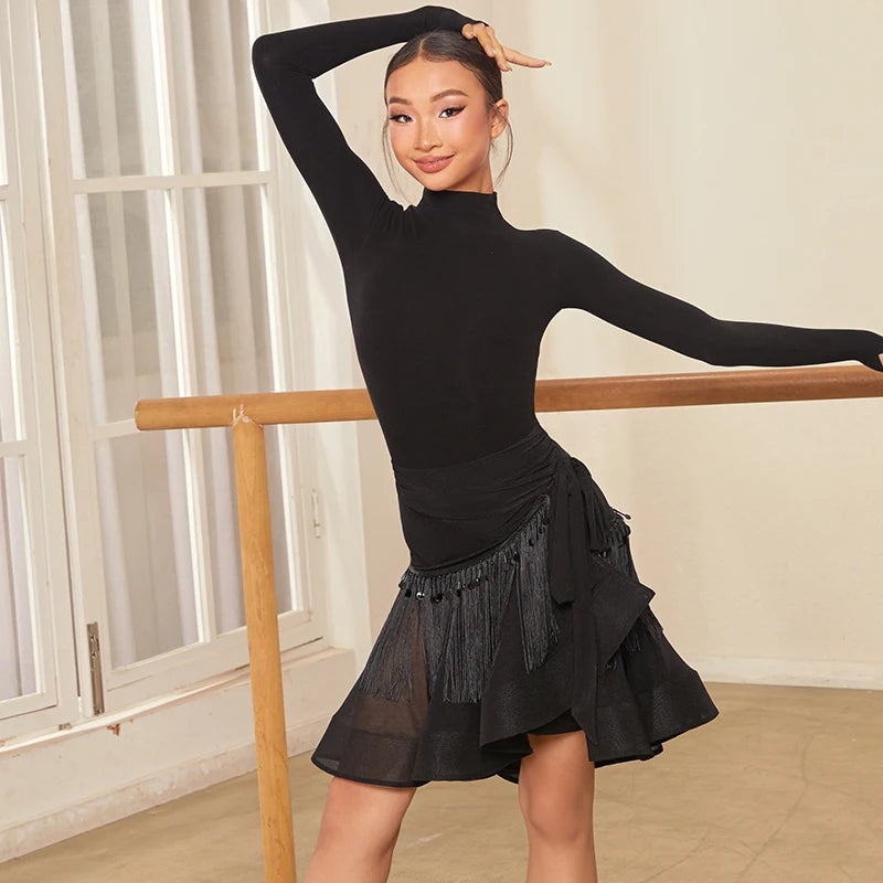 Child Latin Dance Leotard for Grils Black Long-sleeved High-neck Backless Top Cha-cha Samba Dance Training Performance Costume