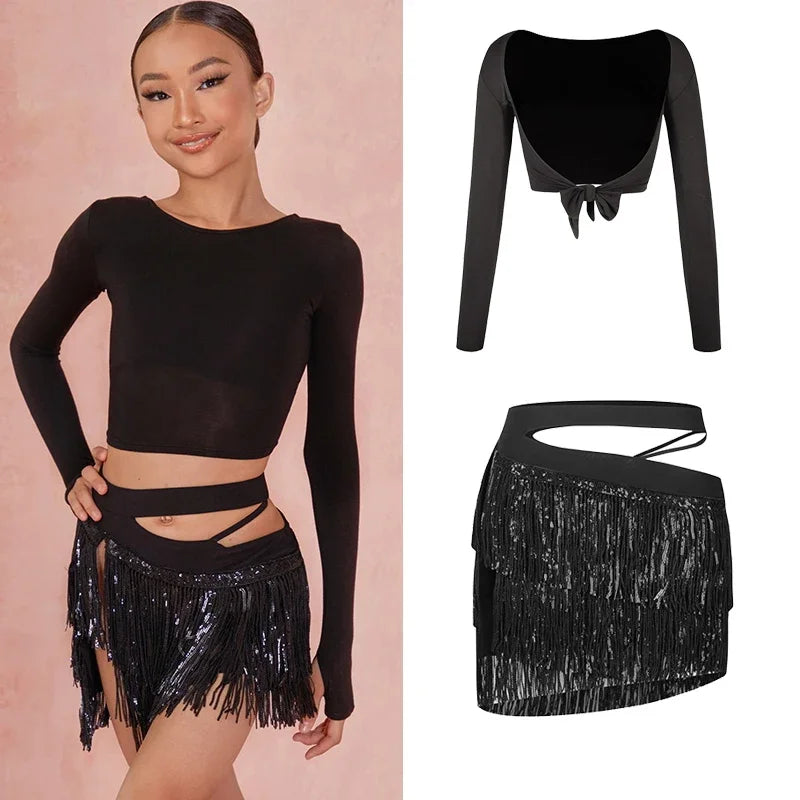 Child Latin Dance Set Black Competition Clothing for Girls Sexy Backless Tops Shining Tassels Skirts Suit Samba Cha Cha Wear
