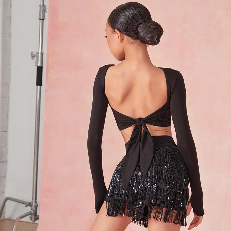 Child Latin Dance Set Black Competition Clothing for Girls Sexy Backless Tops Shining Tassels Skirts Suit Samba Cha Cha Wear