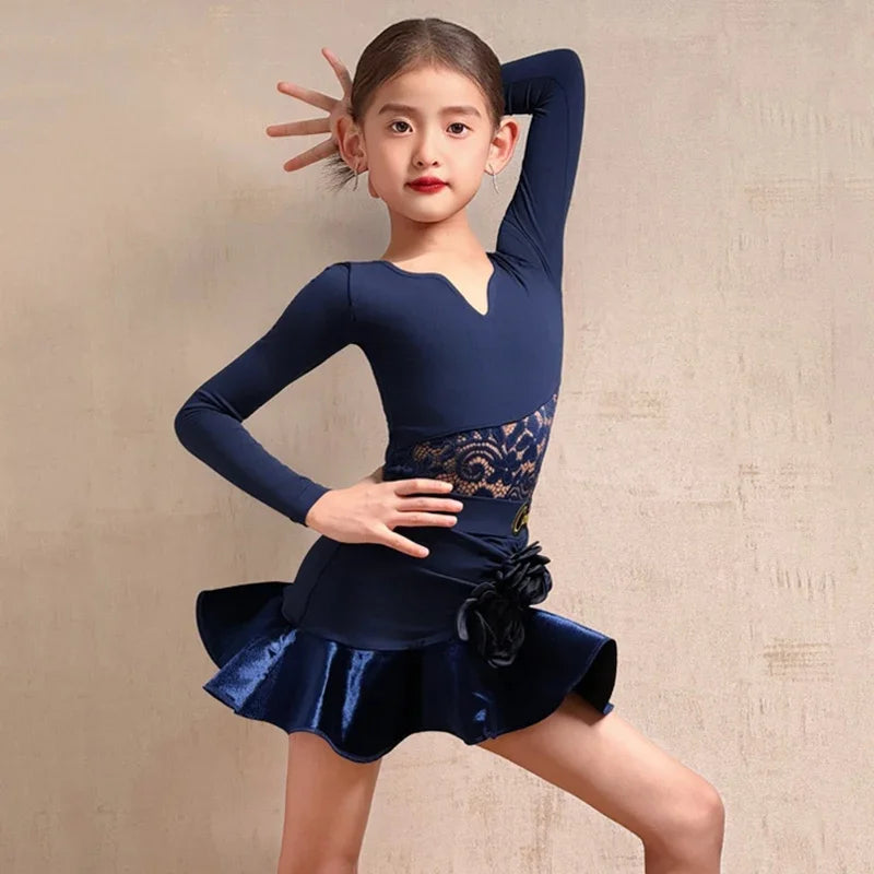 Child Latin Dance Suit for Girls Latin Blue Dance Leotard Ruffle Skirt Rumba ChaCha Dancing Competition Costume Training Wear