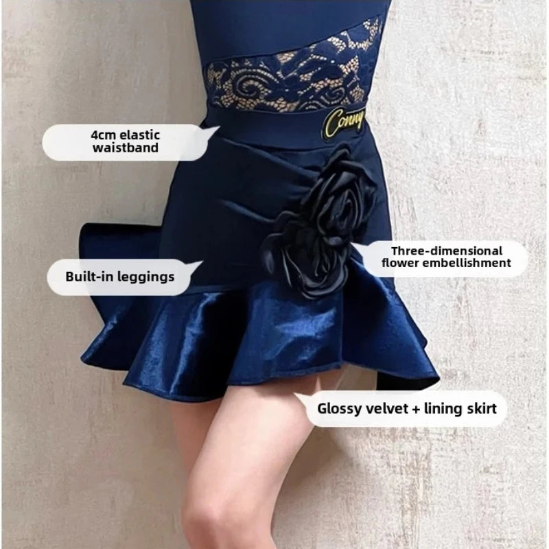 Child Latin Dance Suit for Girls Latin Blue Dance Leotard Ruffle Skirt Rumba ChaCha Dancing Competition Costume Training Wear