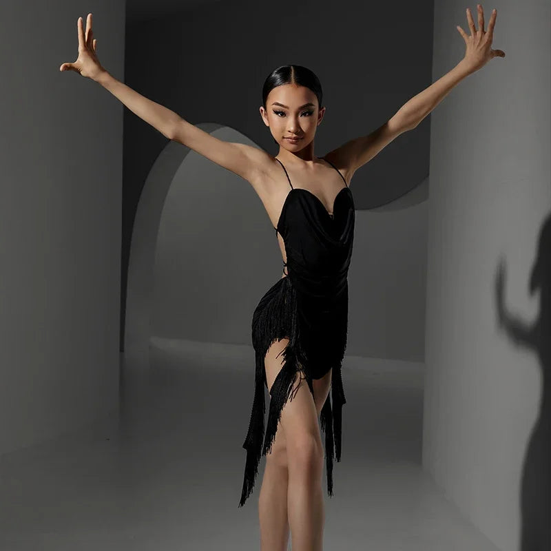 Child New Latin Dance Dress for Girls Black Sexy Backless Irregular Skirt Samba Tango Chacha Performance Costumes 2025 Summer