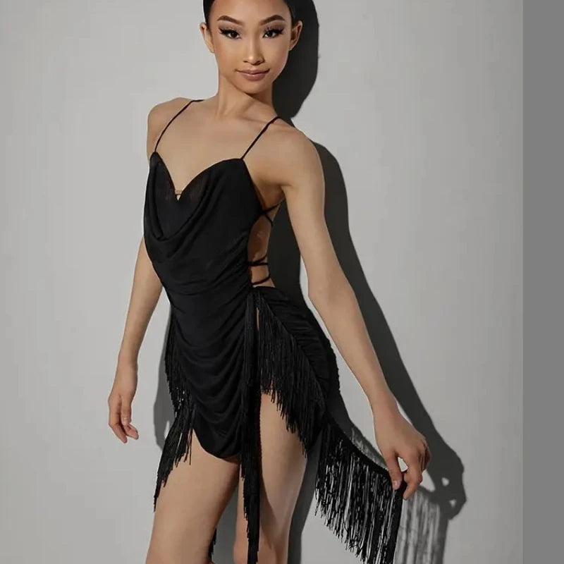 Child New Latin Dance Dress for Girls Black Sexy Backless Irregular Skirt Samba Tango Chacha Performance Costumes 2025 Summer