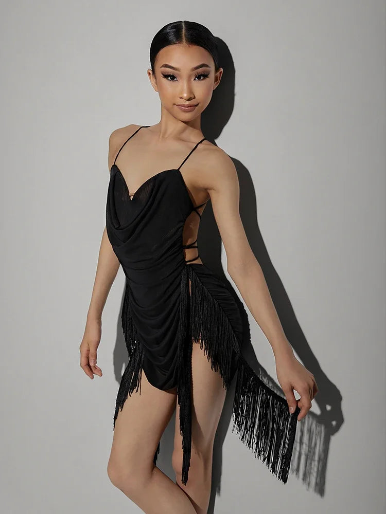 Child New Latin Dance Dress for Girls Black Sexy Backless Irregular Skirt Samba Tango Chacha Performance Costumes 2025 Summer