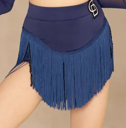 Children Latin Dance Dress Blue Long Sleeve Samba Line Dance Costume Cha Cha Practice Dancing Clothes Tassel Skirt Set for Girl