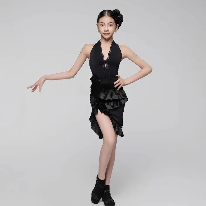Children Latin Dance Dress Set for Grils Sleeveless Lace Skirt Cha-cha Samba Ballroom Dance Training Performance Suit Clothing