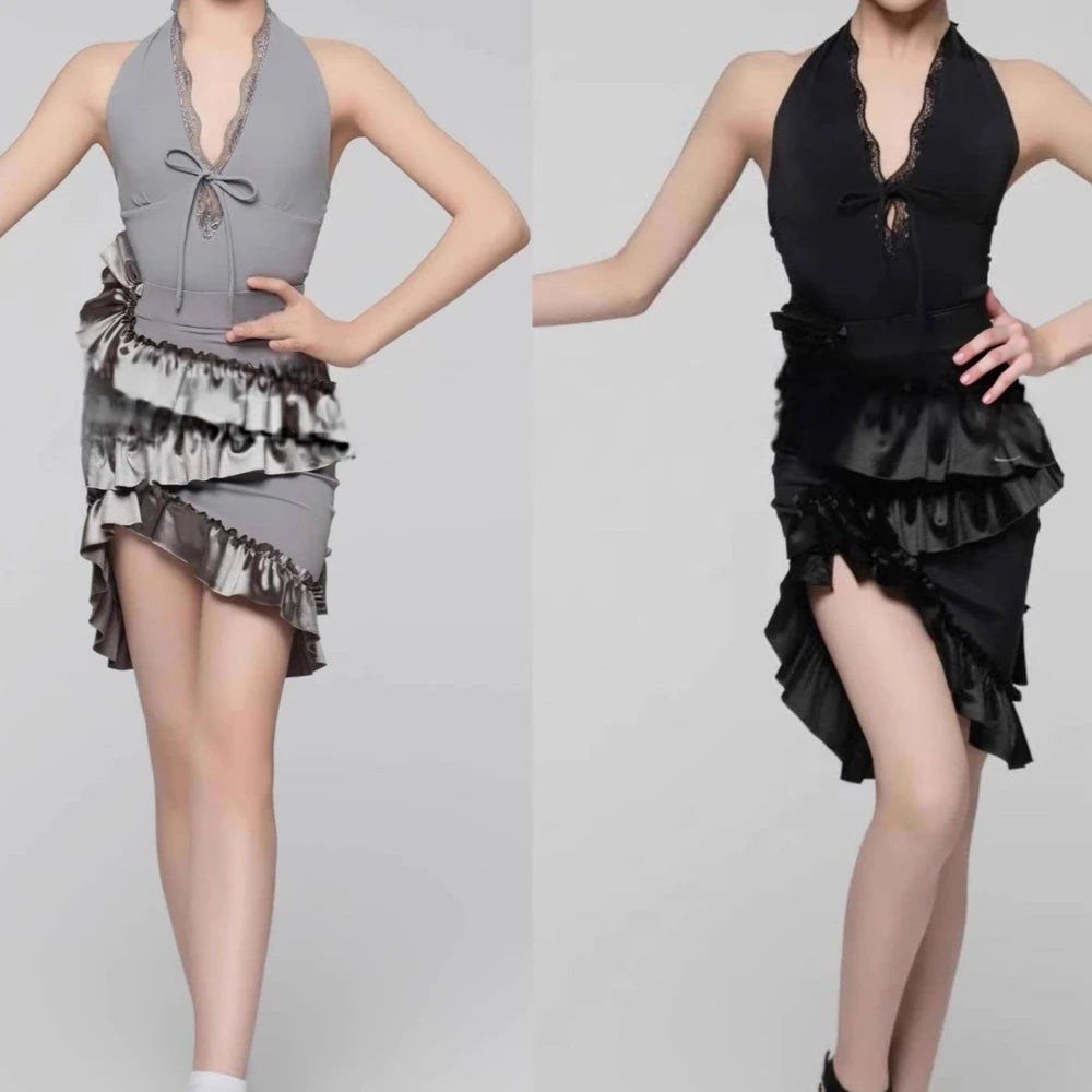 Children Latin Dance Dress Set for Grils Sleeveless Lace Skirt Cha-cha Samba Ballroom Dance Training Performance Suit Clothing