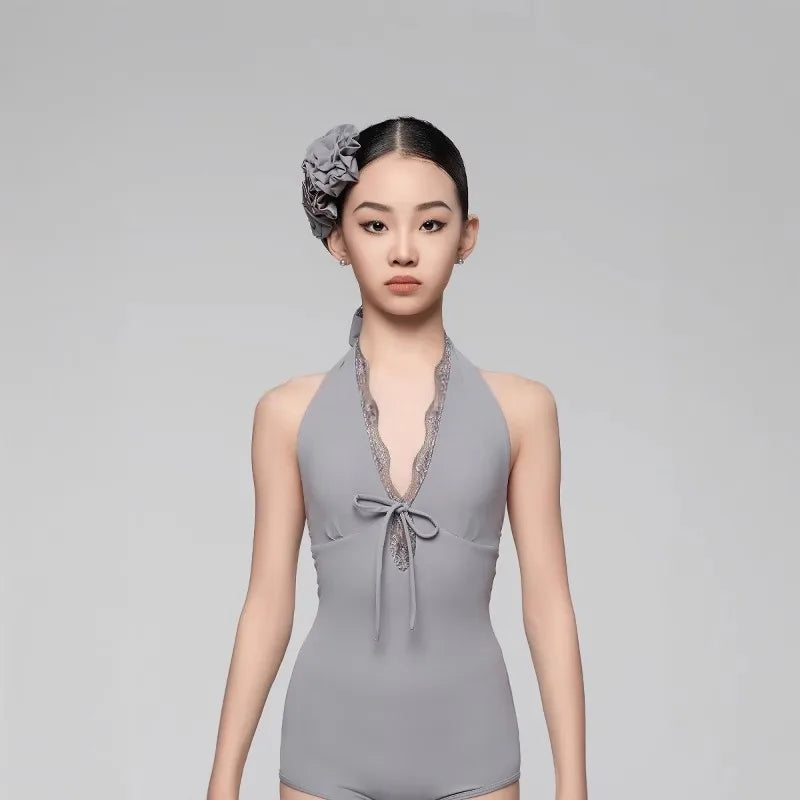 Children Latin Dance Dress Set for Grils Sleeveless Lace Skirt Cha-cha Samba Ballroom Dance Training Performance Suit Clothing