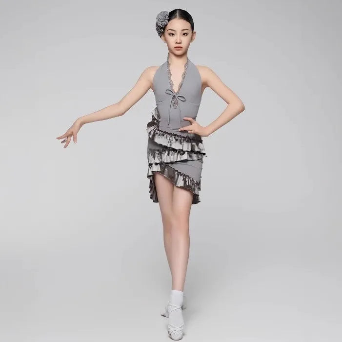Children Latin Dance Dress Set for Grils Sleeveless Lace Skirt Cha-cha Samba Ballroom Dance Training Performance Suit Clothing