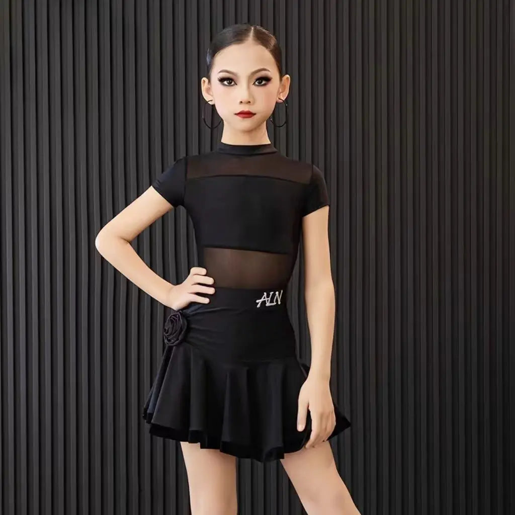 Children Latin Dance Dress for Girls 2025 New Black Mesh Yarn Tops Skirt Set Cha-cha Samba Rumba Training Performance Clothing