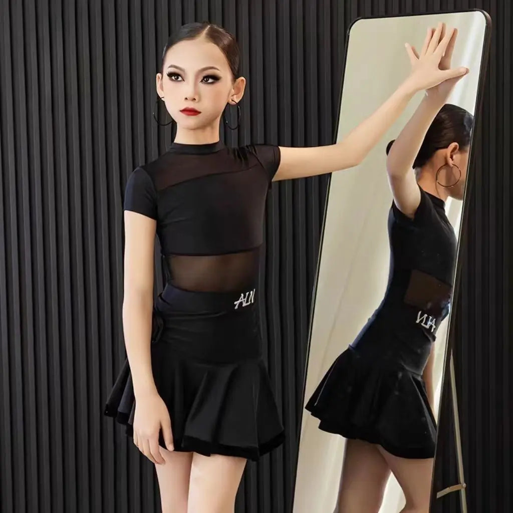 Children Latin Dance Dress for Girls 2025 New Black Mesh Yarn Tops Skirt Set Cha-cha Samba Rumba Training Performance Clothing