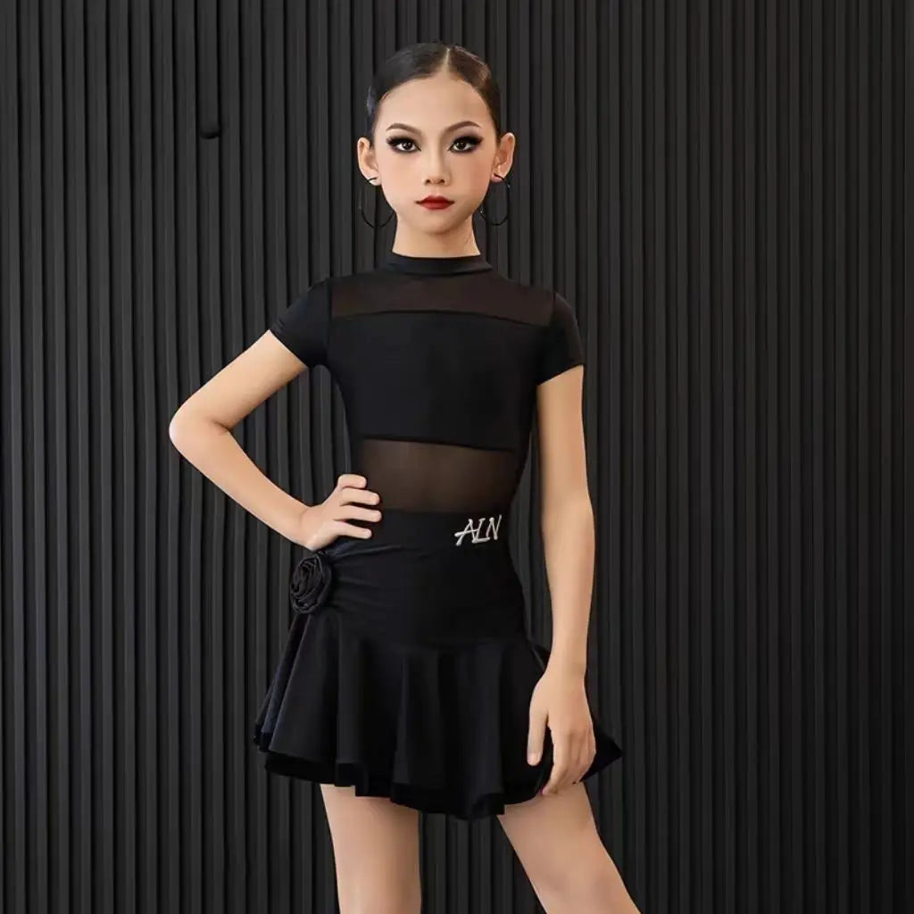 Children Latin Dance Dress for Girls 2025 New Black Mesh Yarn Tops Skirt Set Cha-cha Samba Rumba Training Performance Clothing
