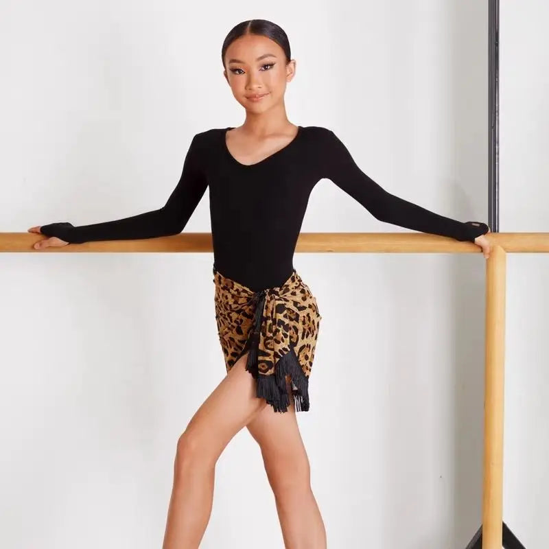 Children Latin Dance Dress for Girls Black Long-sleeved Leotard Leopard Print Fringed Skirt Set Cha-cha Samba Training Clothing