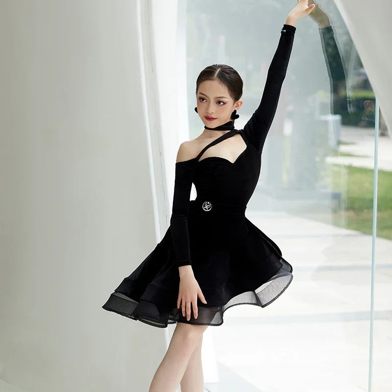 Fashion Black Latin Dance Dress for Grils Professional Costume Samba Cha-cha Child Ballroom Dance Competition Clothing 2025 New