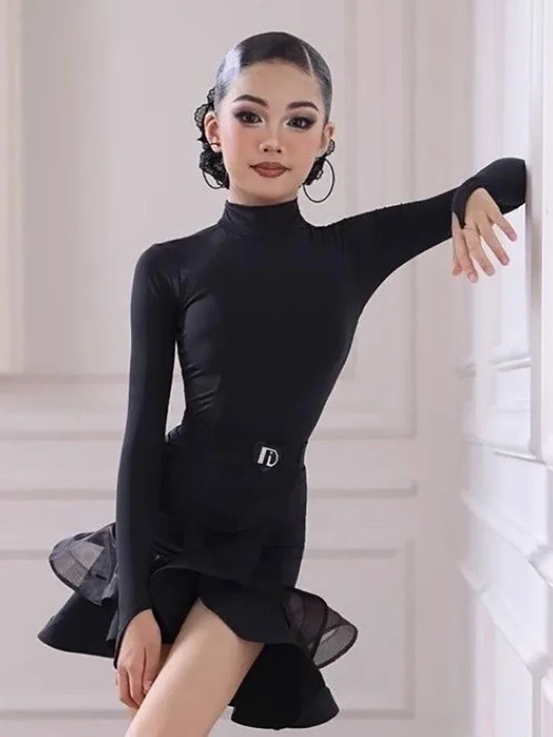 Kids Girls Latin Dance Uniform Long Sleeve Mesh Backless Competition Dress Cha-cha Samba Rumba Suit Ballroom Dancewear Costumes