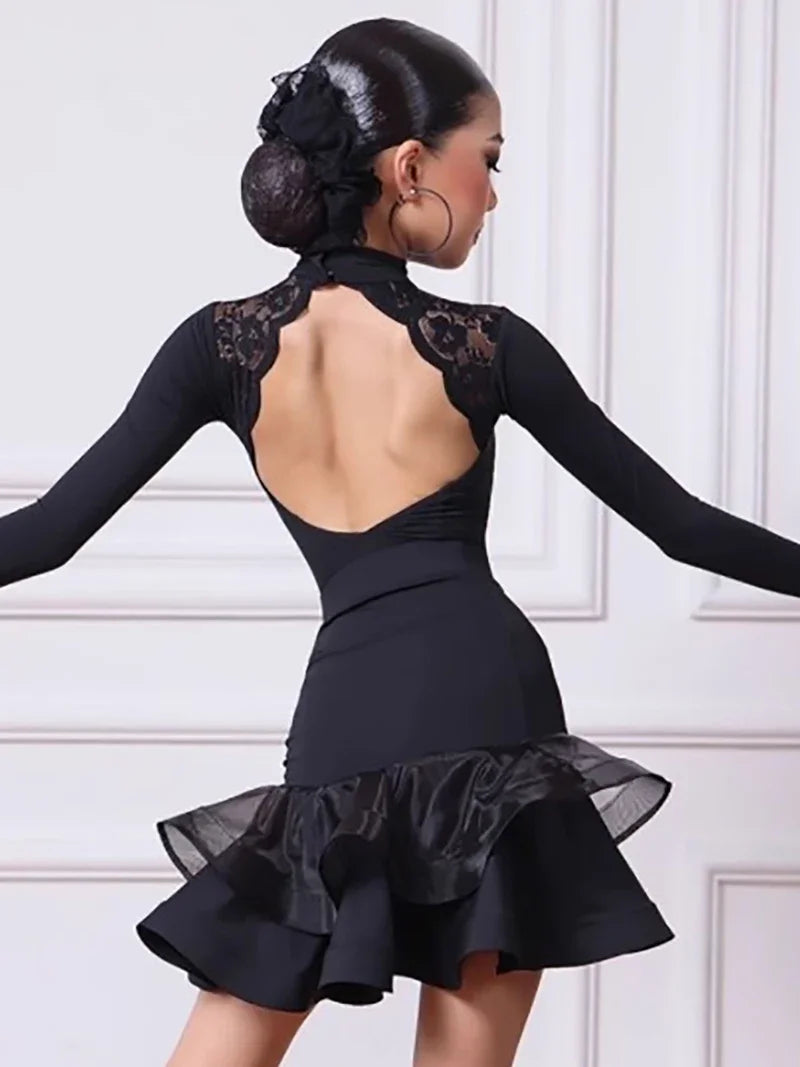 Kids Girls Latin Dance Uniform Long Sleeve Mesh Backless Competition Dress Cha-cha Samba Rumba Suit Ballroom Dancewear Costumes
