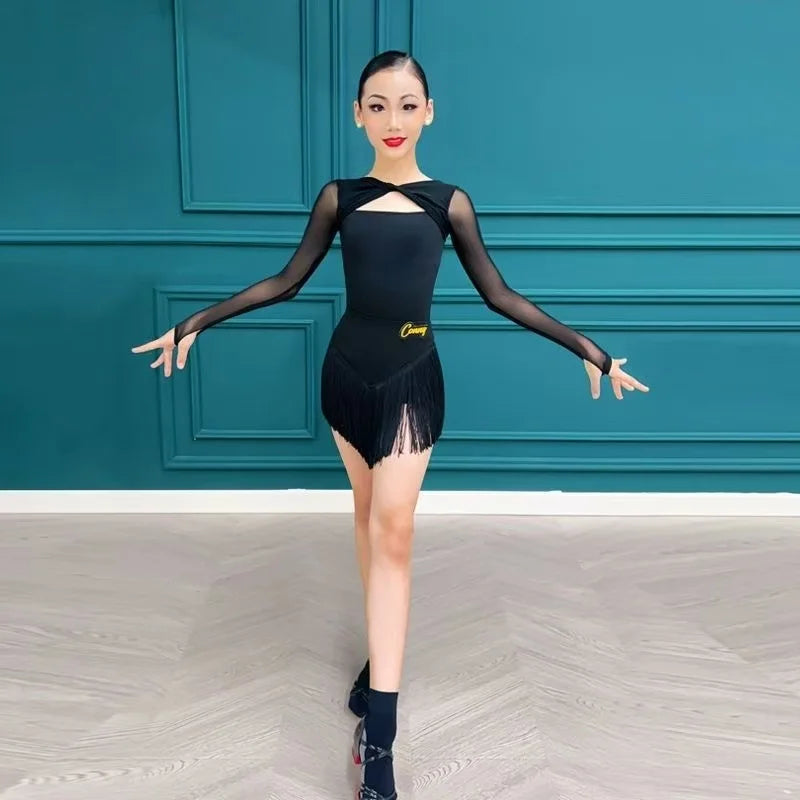 Kids Latin Dance Clothes Girls Black Jumpsuit Long Sleeves Tops Tassel Skirt Cha Cha Rumba Samba Latin American Dance Costumes