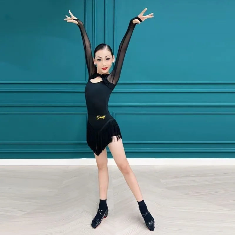 Kids Latin Dance Clothes Girls Black Jumpsuit Long Sleeves Tops Tassel Skirt Cha Cha Rumba Samba Latin American Dance Costumes