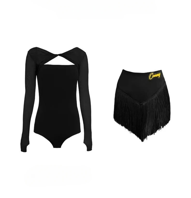 Kids Latin Dance Clothes Girls Black Jumpsuit Long Sleeves Tops Tassel Skirt Cha Cha Rumba Samba Latin American Dance Costumes