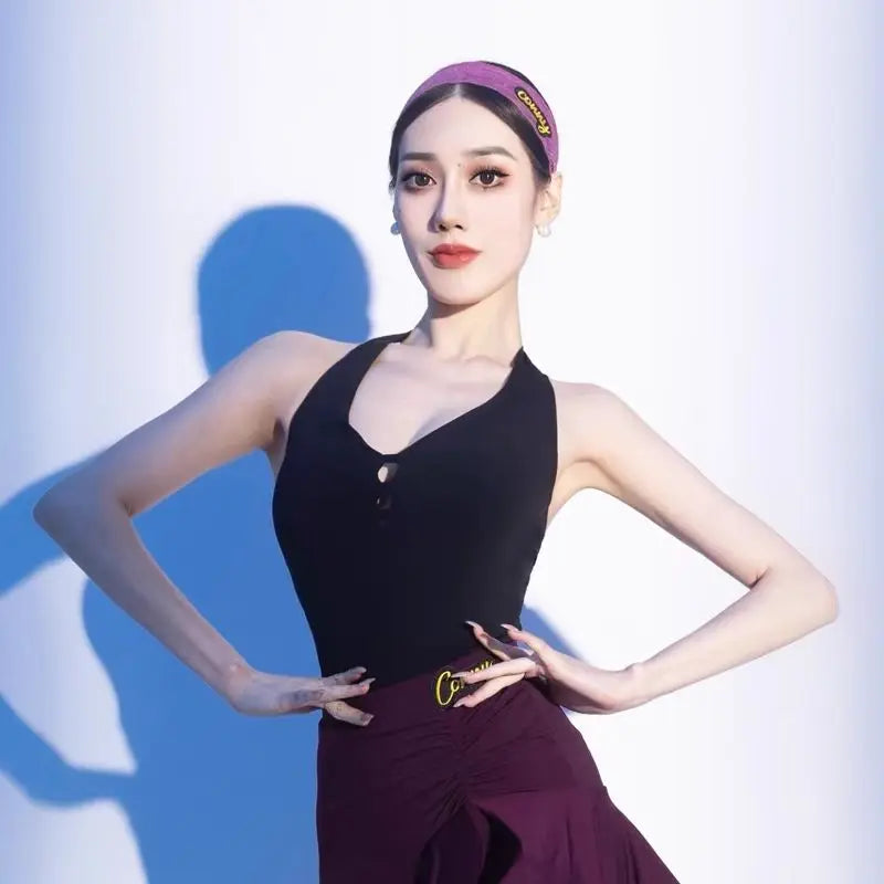 Latin Dance Dress Set Clothing for Grils Black Halter Leotard Purple Ruffle Dance Skirt Samba Rumba Line Dance Costume Women
