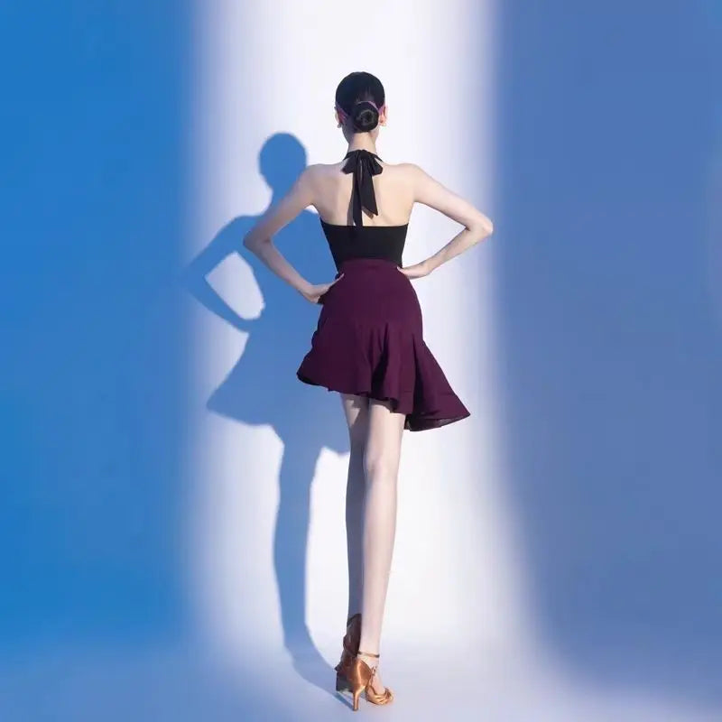 Latin Dance Dress Set Clothing for Grils Black Halter Leotard Purple Ruffle Dance Skirt Samba Rumba Line Dance Costume Women