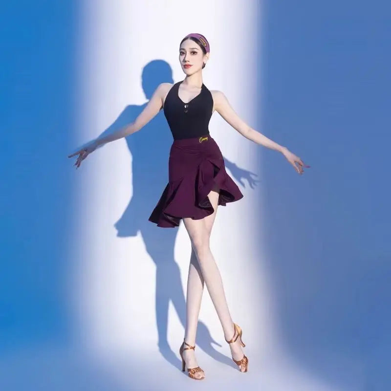Latin Dance Dress Set Clothing for Grils Black Halter Leotard Purple Ruffle Dance Skirt Samba Rumba Line Dance Costume Women