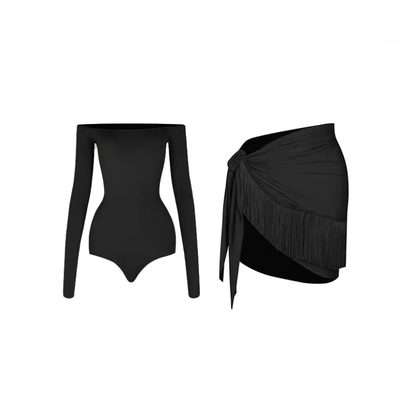 Latin Dance Dress Set for Women Black Off-shoulder Long-sleeved Fringed Skirt Suit Cha-cha Salsa Ballroom Dance Training Clothes