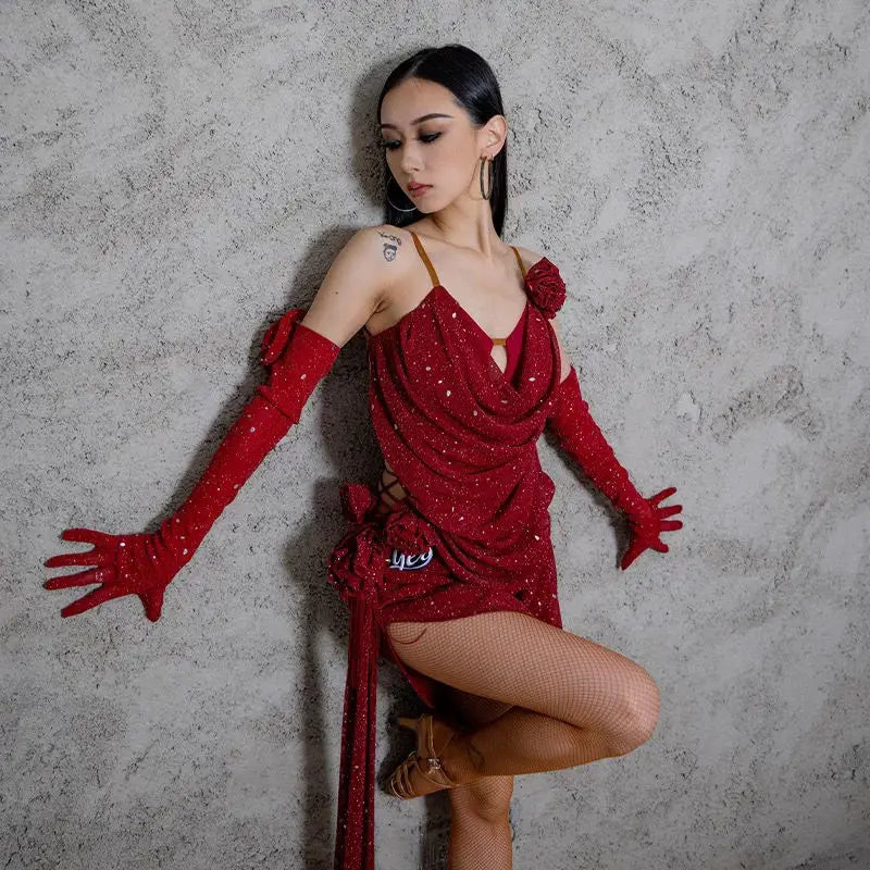 Latin Dance Dress for Women High End  Flower Sling Camisole Dress Chacha Tango Female Adult Stage Performance Professional Skirt