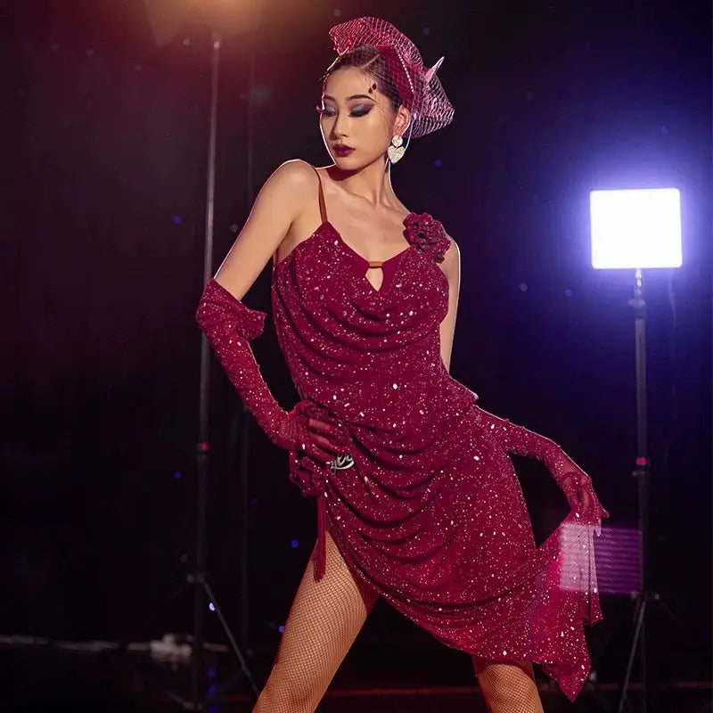 Latin Dance Dress for Women High End  Flower Sling Camisole Dress Chacha Tango Female Adult Stage Performance Professional Skirt