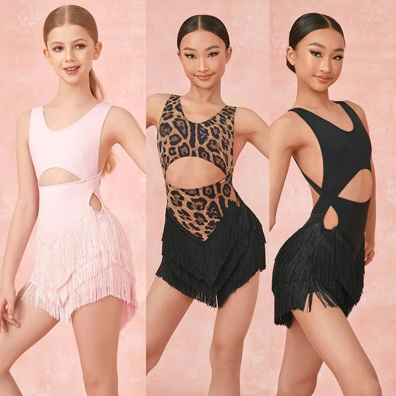 Latin Dance Performance Dress for Girls Sexy Fringed Skirt Tassel Dress with Bottom Pants Child Chacha Rumba Tango Latin Dress