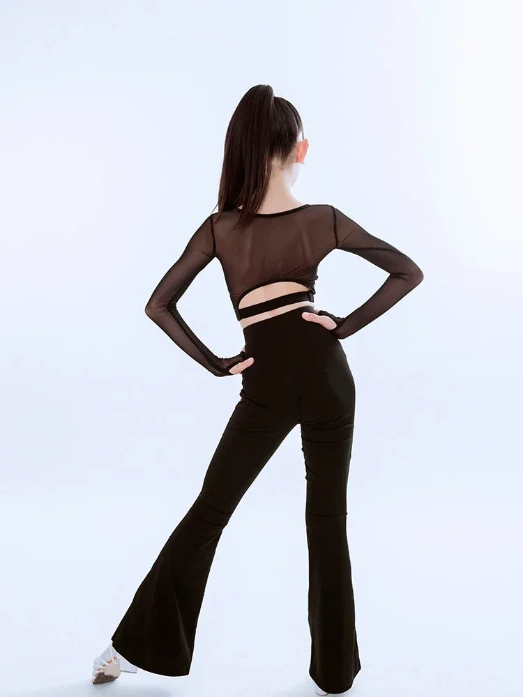 Latin Dance Set Costume Girls Long Sleeve Tops Pants Tassel Skirt Practice Outfit Kids Rumba Samba Dancing Performance Wear Suit