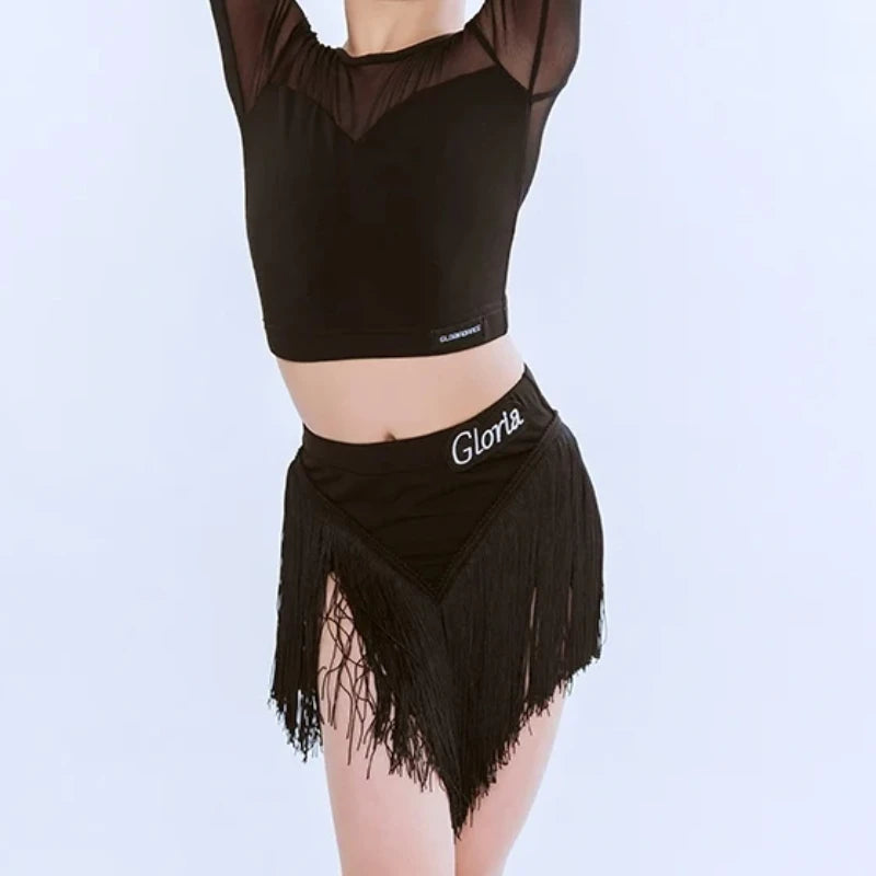 Latin Dance Set Costume Girls Long Sleeve Tops Pants Tassel Skirt Practice Outfit Kids Rumba Samba Dancing Performance Wear Suit