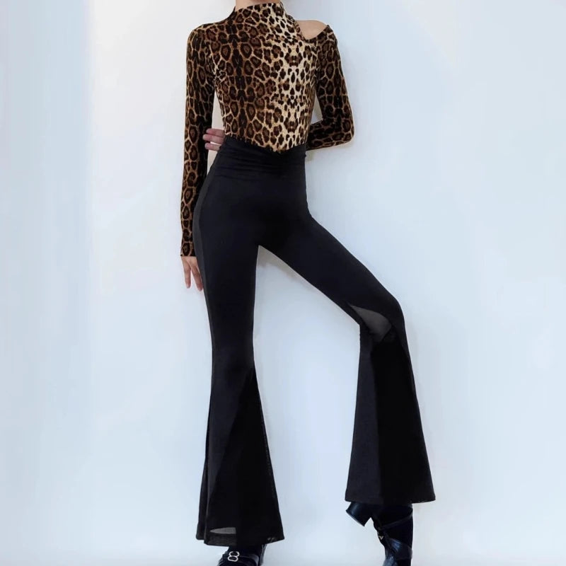 New Latin Dance Set for Girls Leopard Print Long Sleeve Top Black Flared Pants Training Clothes Cha Cha Rumba Practice DanceWear