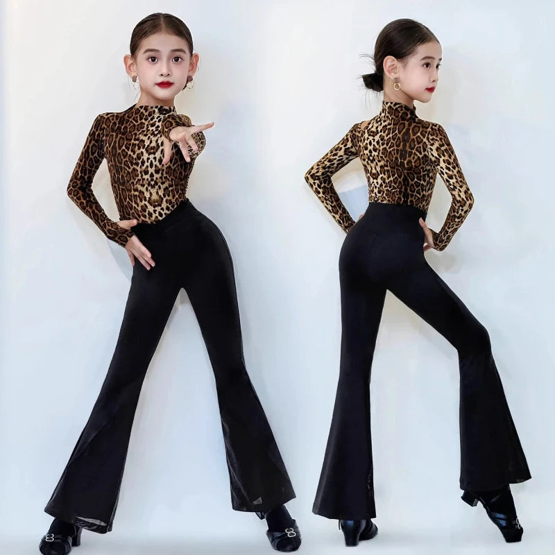 New Latin Dance Set for Girls Leopard Print Long Sleeve Top Black Flared Pants Training Clothes Cha Cha Rumba Practice DanceWear